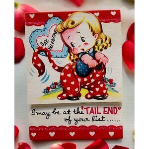 Valentines Day Vintage Greeting Card Red Hearts Cow Costume 1940s Blonde Girl